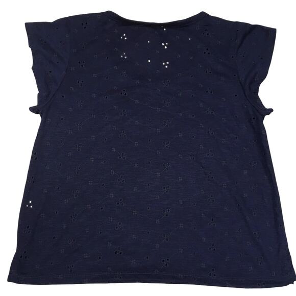 Pink Rose Top Eyelet Short Flutter Sleeve Blouse Women's L Navy Blue NEW Shirt‎ - Picture 9 of 9